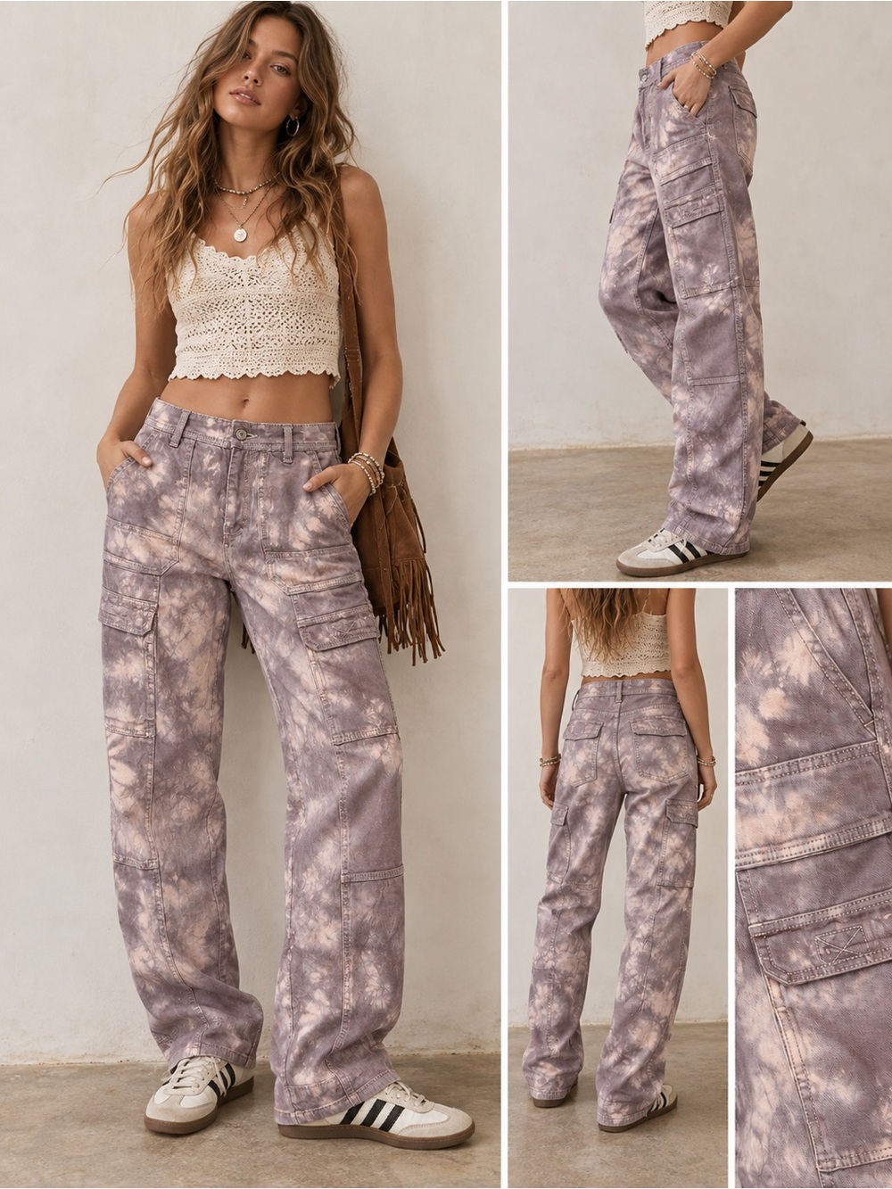 Free People Lavender Tie-Dye Wide Leg Cargo Pants